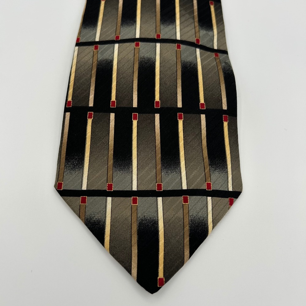Fenzia Tie Mens OS Grey Black Silk Geometric Abstract Professional 90s Vintage